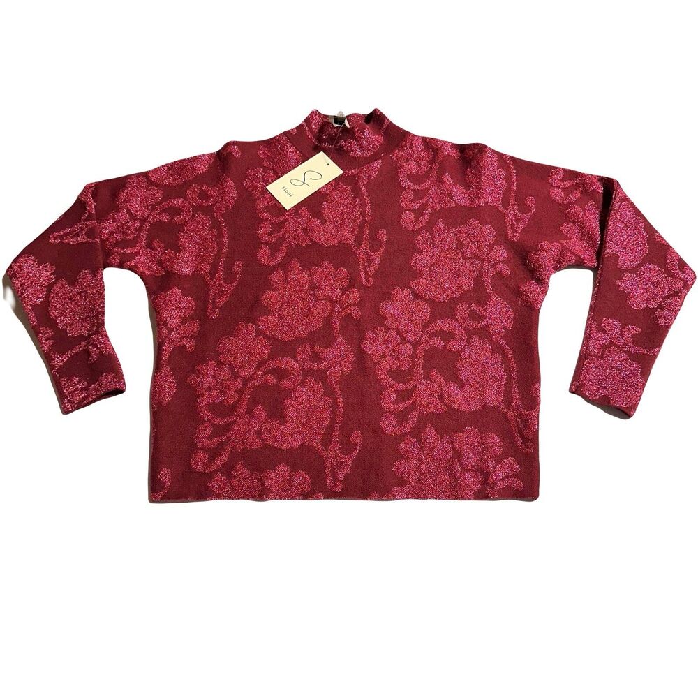 Sioni Womens Size XS Sweater Mock Neck Jester Red Metallic Sparkle Pullover NWT